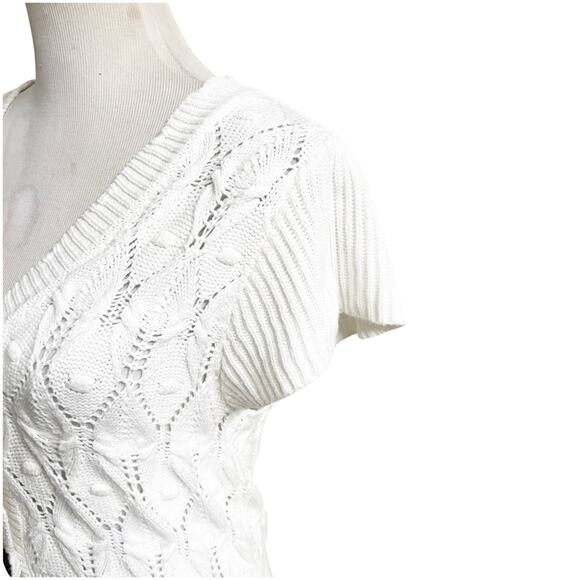 Rye Grass Cropped Cardigan Crochet Cable Knit Sweater Size Medium White V-Neck - Picture 4 of 10